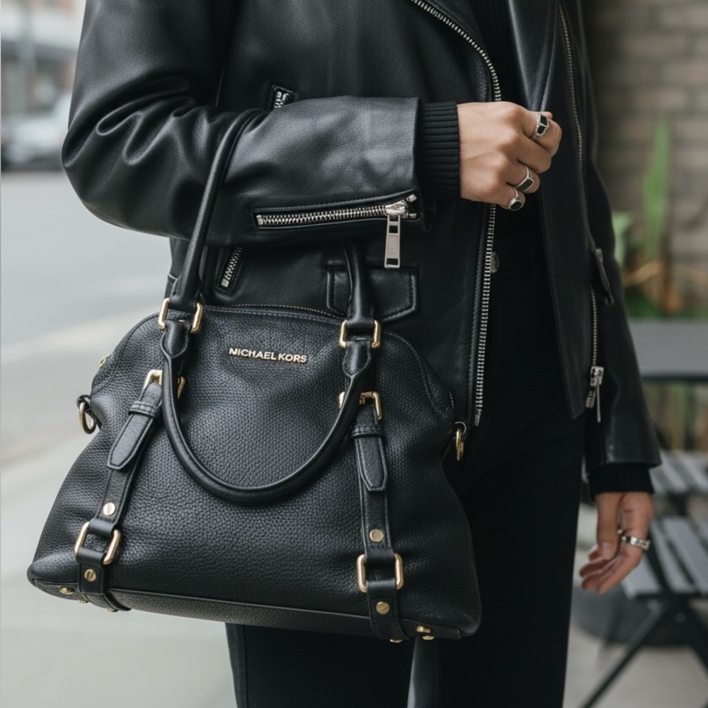 Michael Kors Black Pebbled Leather Satchel Tote Bag Gold Hardware Large Handbag